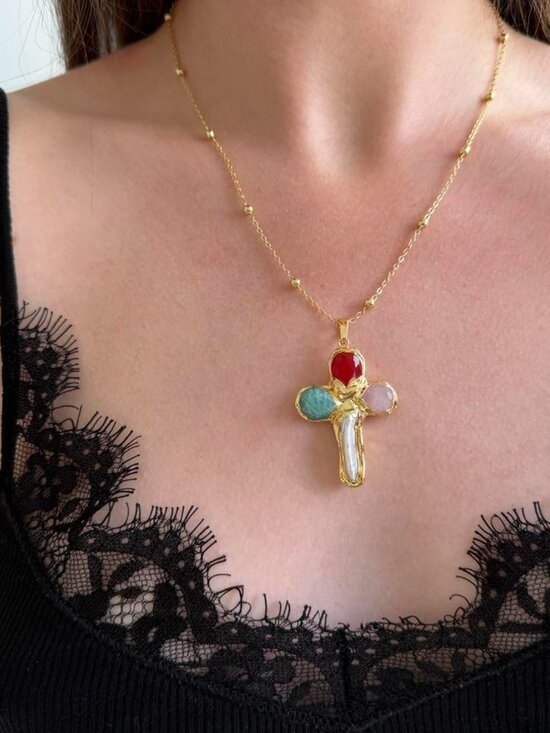 American Vintage Jewelry - Sku0043 Necklace gold chain pendant cross natural white pearl blue pink red